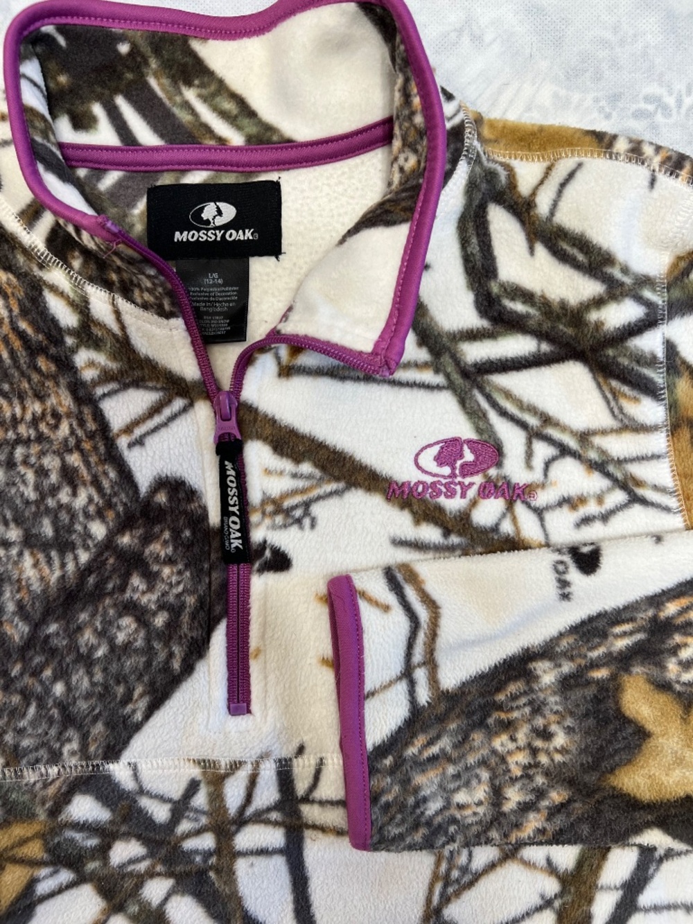 Mossy Oak Women's Sz L (12-14) Micro Fleece Snow Camo Jacket Purple Trim 1/4 Zip